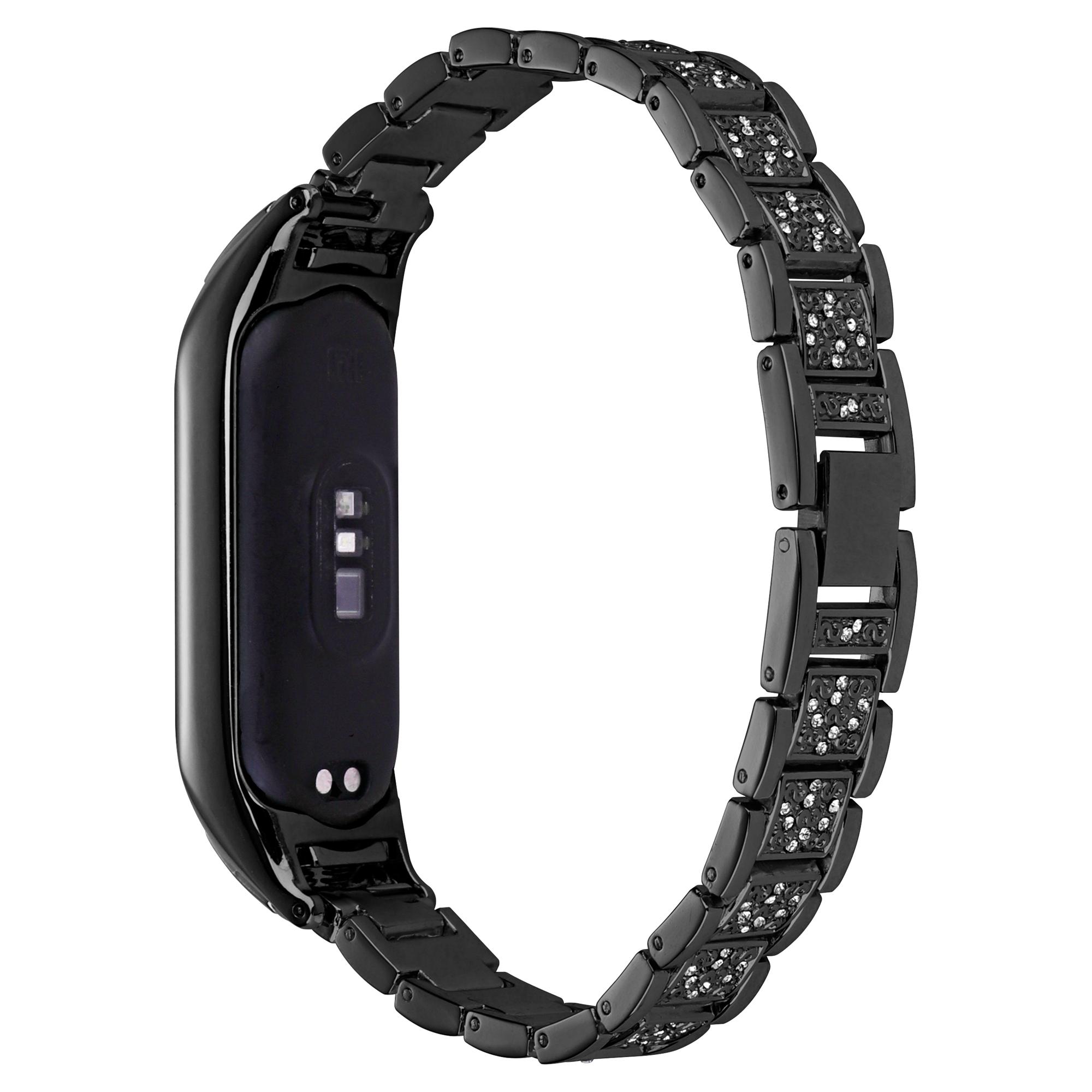 

For Xiaomi Mi Band 3/4 Three Bead Watch Strap Metal Rhinestone Decor Wrist Band Black