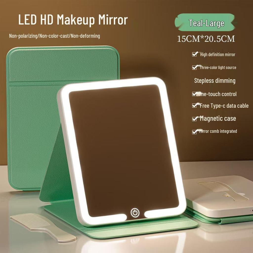 LED Folding Makeup Mirror with Comb – Compact, Lighted, and Convenient for Desktop Use