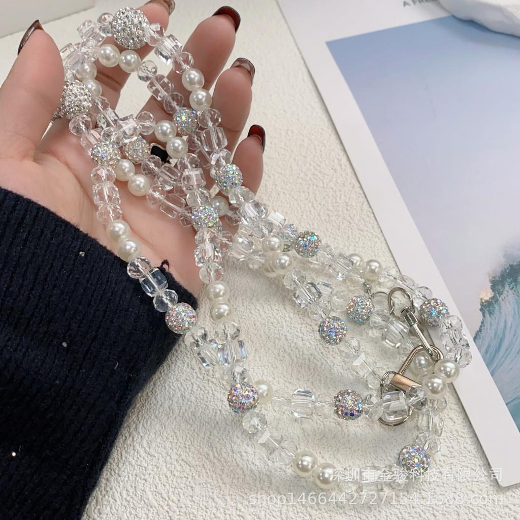 New Crystal Phone Chain High-End Feel Phone Strap Crossbody Wearable Fashion Rhinestone Ball Pearl Neck Strap Wholesale