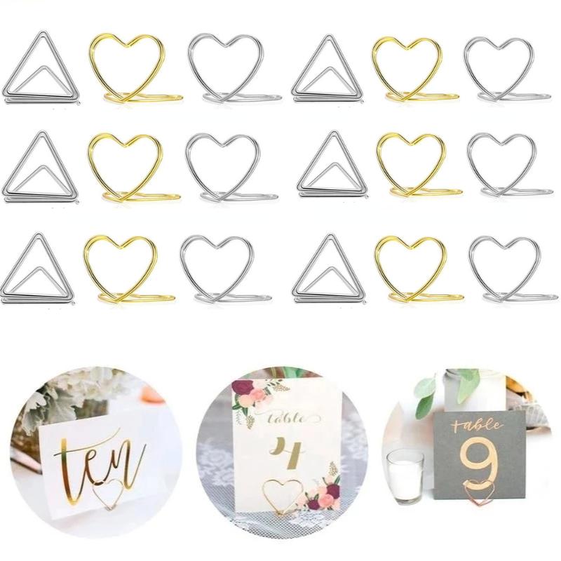 30Pcs Double Heart Shape Metal Memo Holder Triangle Table Placecard Holder Photo Clip Card Stand Wedding Banquet Heart Message Holder