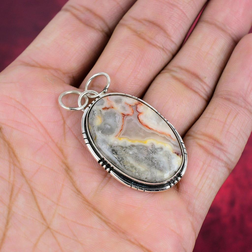 Laguna Lace Agate Pendant, Gemstone Jewelry 925 Solid Sterling Silver Pendant, Gift For Women Handmade Pendant