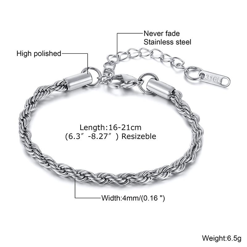 Vnox Unisex Rope Chain Bracelets for Men Women, Stainless Steel Twisted Links Chain Bracelet,Simple Classic Jewelry Gift for Him