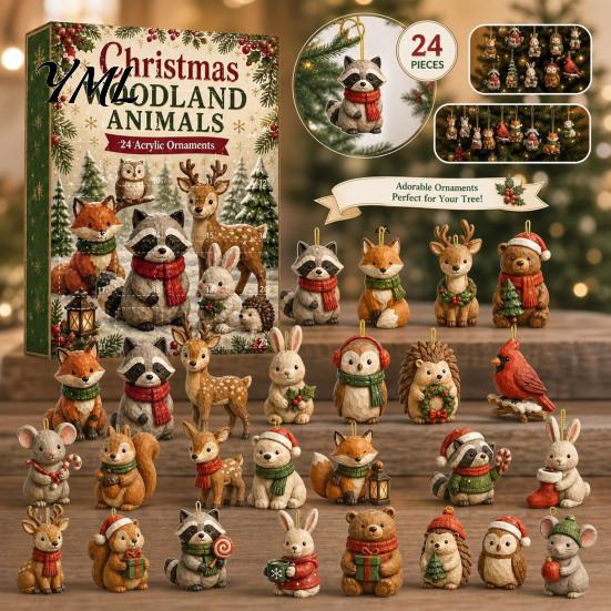 Novelty Holiday Desk Accessories Woodland Animal Advent Calendar, 24-Day Christmas Countdown Set with Forest Room Decorations Critter Ornaments,