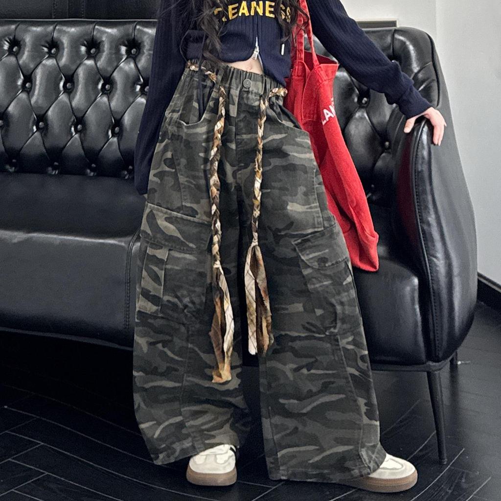 Girls' Retro Camo Waist-Tie Wide Leg Jazz Dance Cargo Pants - 2025 Autumn Fashion