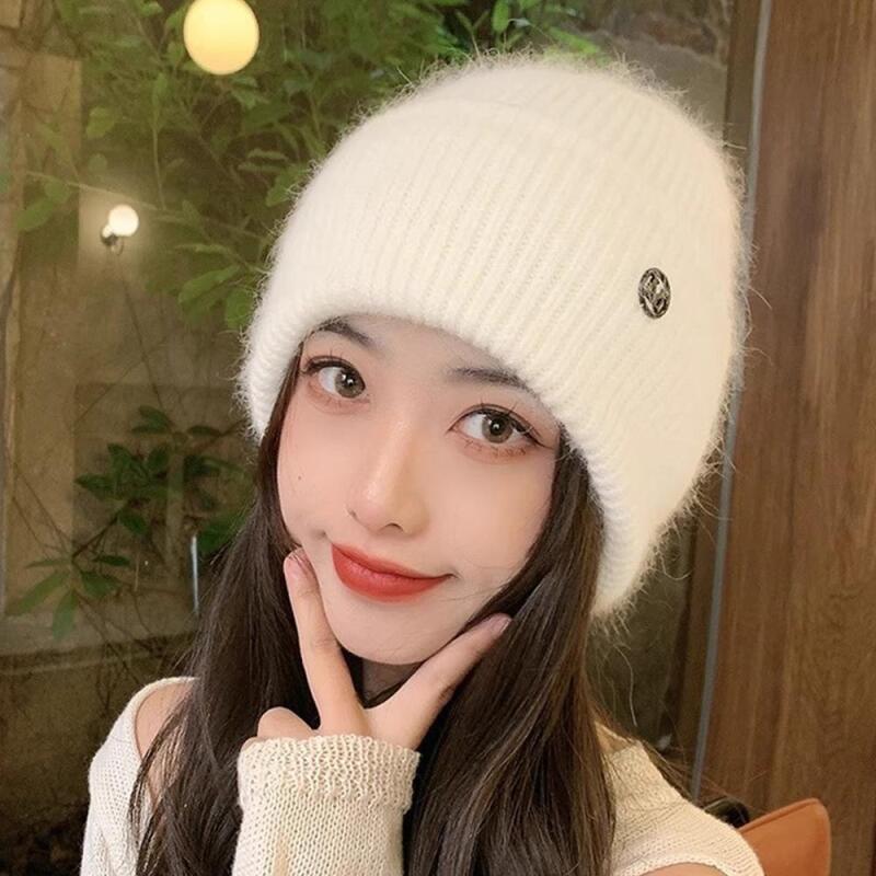 Women's Winter Warm Metal Logo Simple Color Beanie
