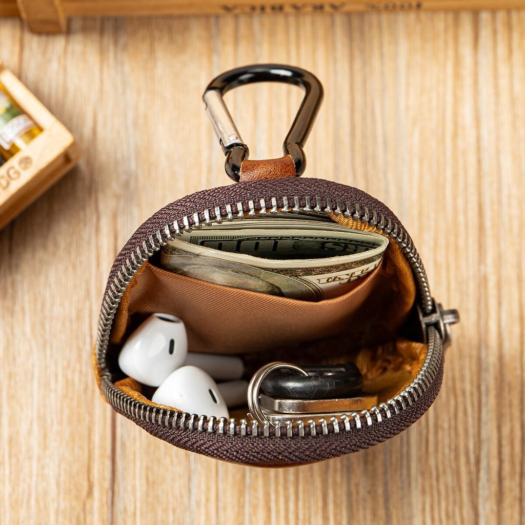 Retro Genuine Leather Simplicity Keys Coins Holder Zipper Pouches Bluetooth Earphone Storage Small Hanging Bags