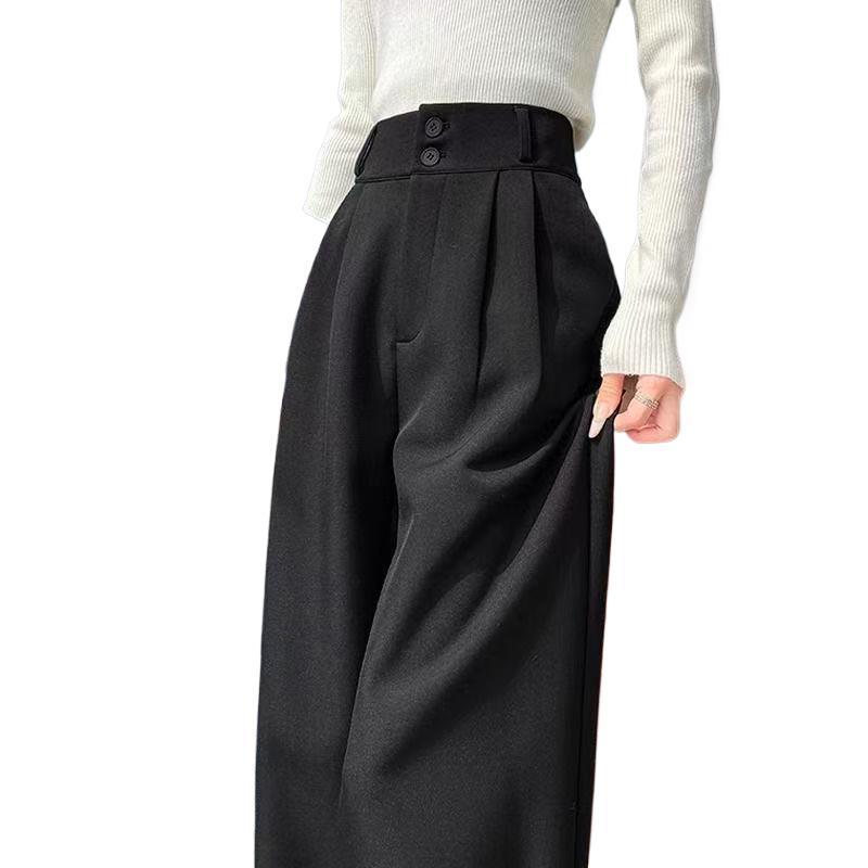 2026 High-End Black Women's Petite Wide-Leg Drape Suit Pants for Spring/Summer
