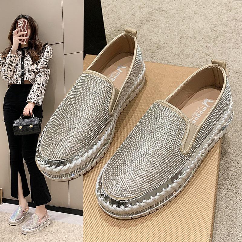 Spring and Autumn New One-pedal Thick-soled Lazy Casual Rhinestone Thick-soled Muffin Student Single Shoes