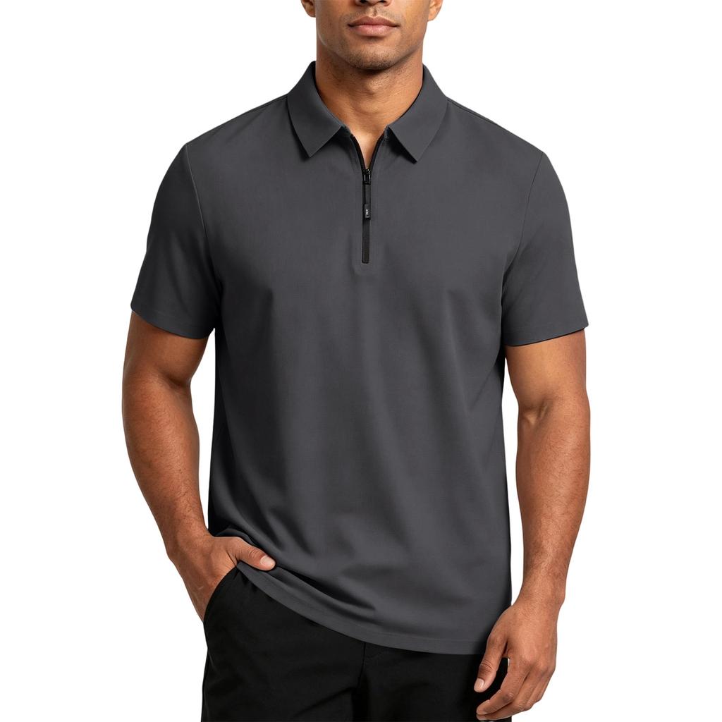 Men's Short Sleeve Polo Shirt with Zipper High Elasticity Ice Silk Knit Fabric Comfortable Stretch Waffle Texture Casual T-Shirt