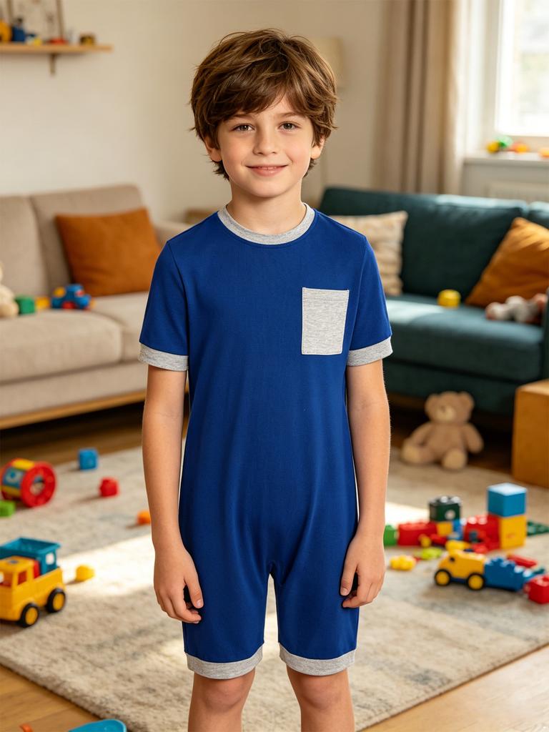 3Pcs Adaptive Anti-Strip Jumpsuit for Kids Back Invisible Zipper Round Neck Short Sleeve Contrast Color Thigh Length with Pocket