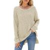 Women's Round Neck Long Sleeve Knit Top Loose Fit Commuter Style Brushed Ribbed Split Hem Casual Pullover Tunic Top