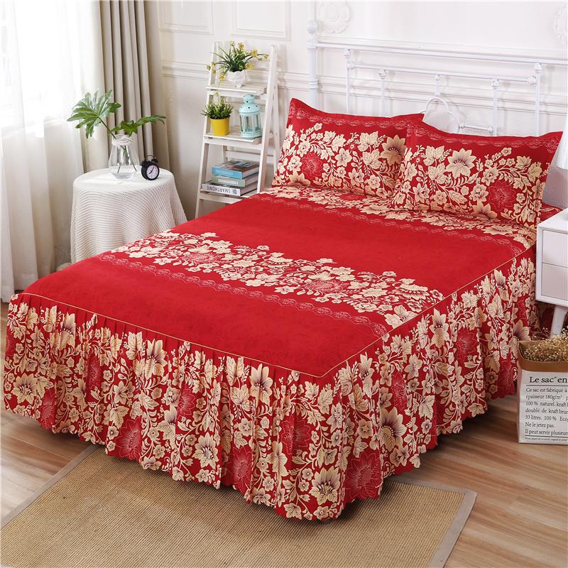 3PCS Bed Skirt Flower Printed Fitted Sheet Cover Home Graceful Bedspread Bed Linens Bedroom Decor Mattress Cover Pillowcase