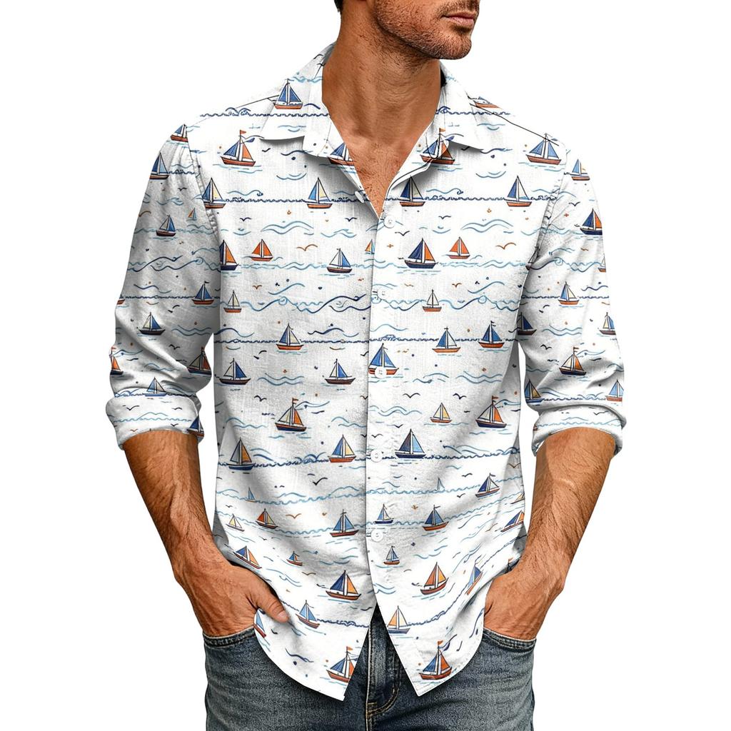 Men's Hawaiian Loose Fit Long Sleeve Button Down Shirt Retro Casual