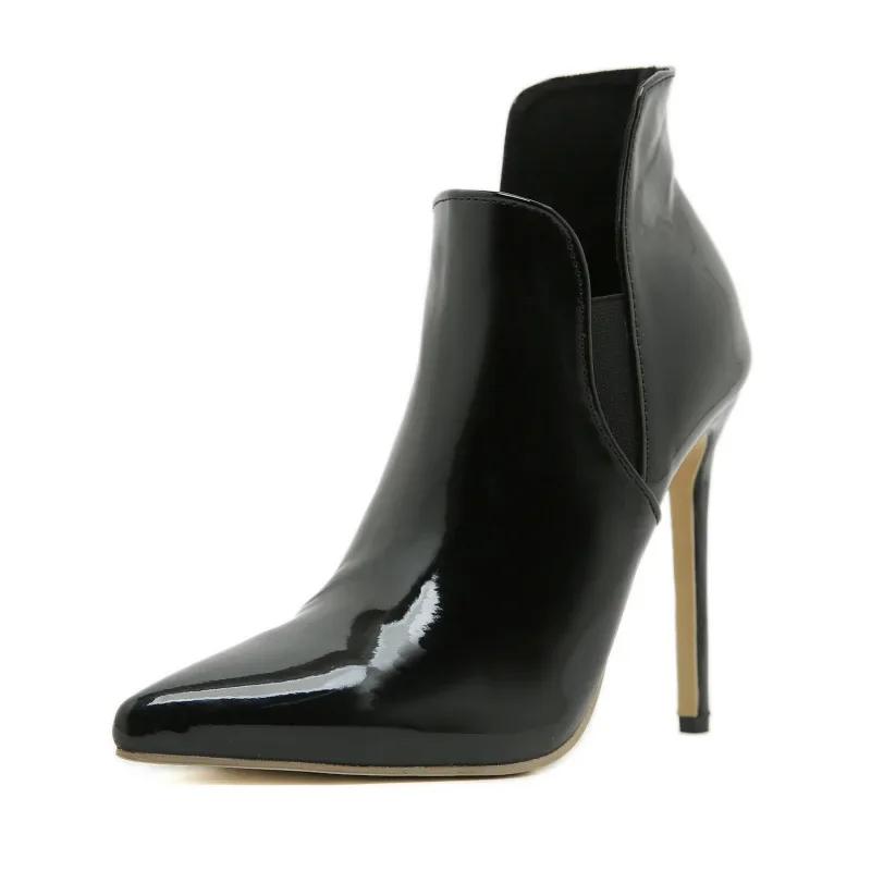 

Новые черные остроносые лакированные кожаные эластичные высокие каблуки короткие сапоги челси модные туфли-лодочки для вечеринок туфли женские сапоги женские 37