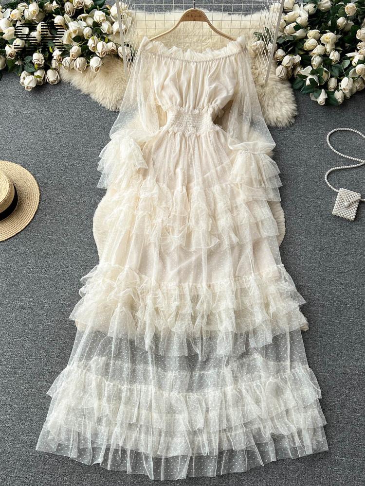 French Fashion Mesh Party Long Dress Women Ruffle Long Sleeve Slash Neck Elastic Waist Ladies Summer Elegant A Line Dresses