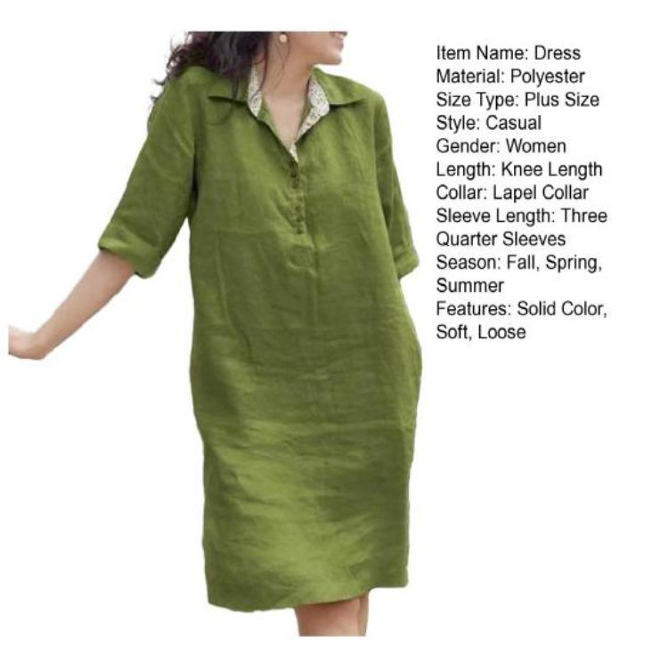 Summer Casual Soft A-line Midi Dress Women Lapel Knee Length Loose Three Quarter Sleeves Solid Color Spring Summer Dress