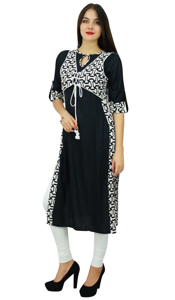 Bimba Designer Black Straight Kurti Designer Rayon Kurta With Attached