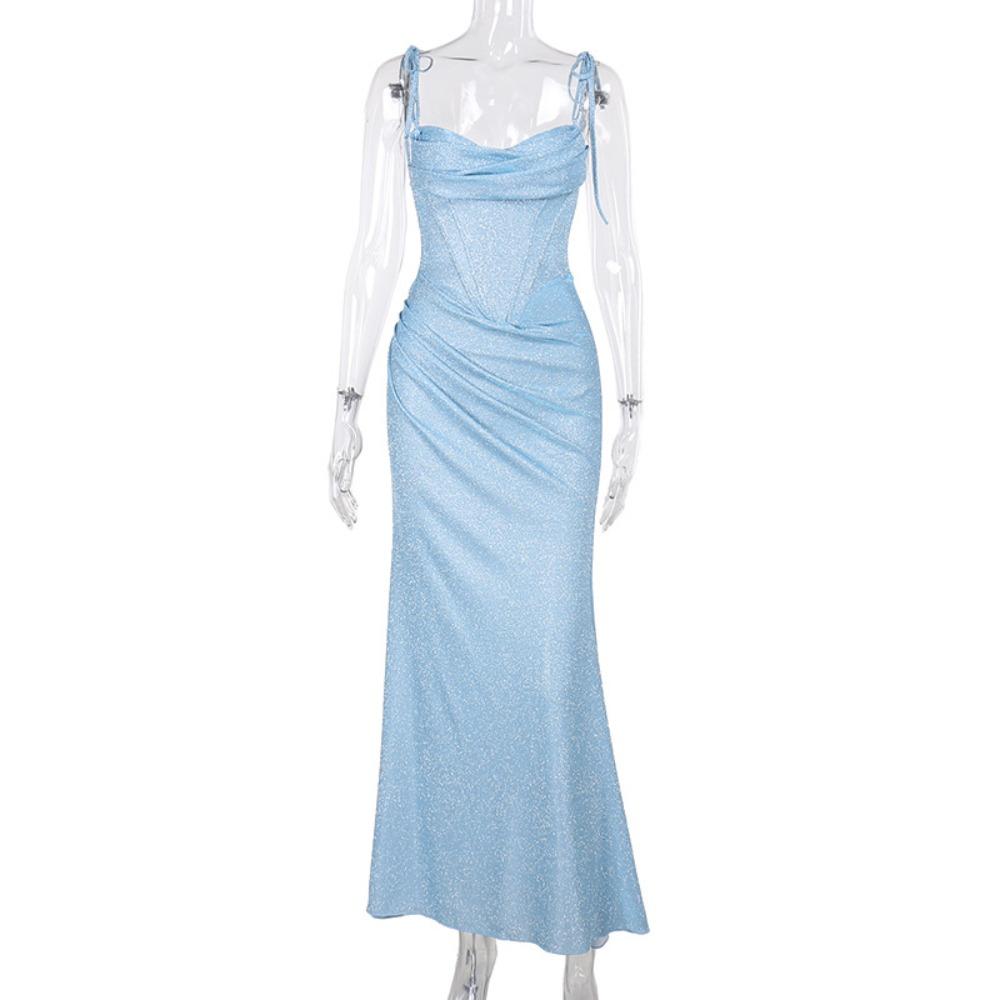 Women's Cowl Neck Sleeveless Glitter Maxi Dress Slim Fit High Waist Ruched Mermaid Spaghetti Strap Slip Gown