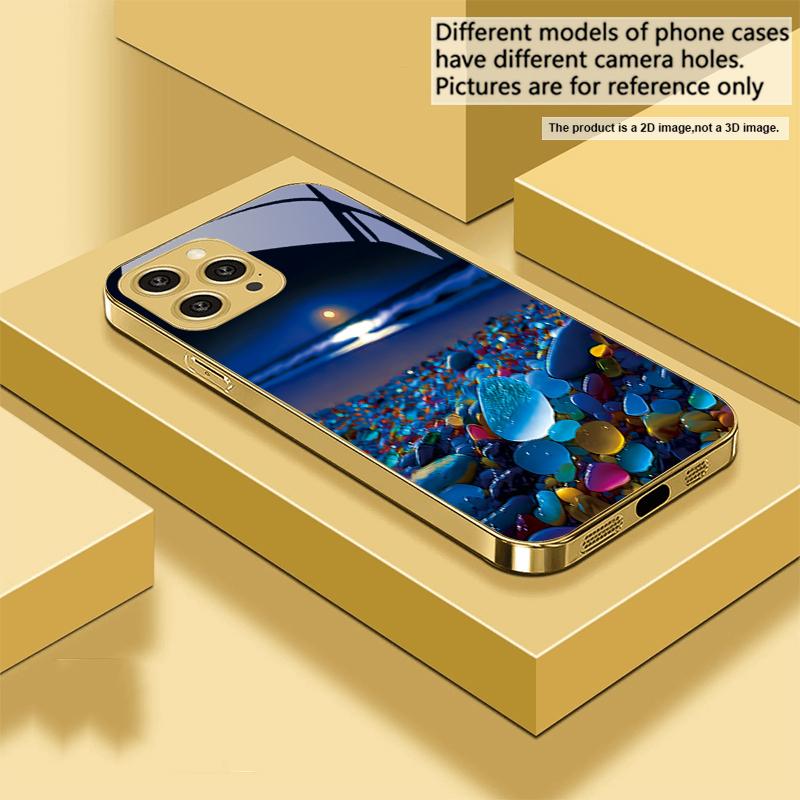 Färgglad stensjöstrand För IPhone 16 16Pro Max 15 P ro 14 13 Plus 12 Mini 11Pro Max XS Max XR Guld härdat glas mobilskal