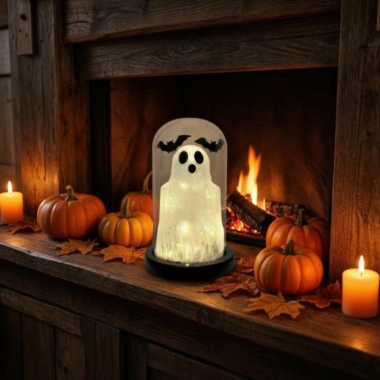 Mysterious Atmosphere Night Light Halloween Up Ghost In Dome Cloche, Cute Gothic Desktop Ornament with Bats for Home Kitchen Mantel Tabletop