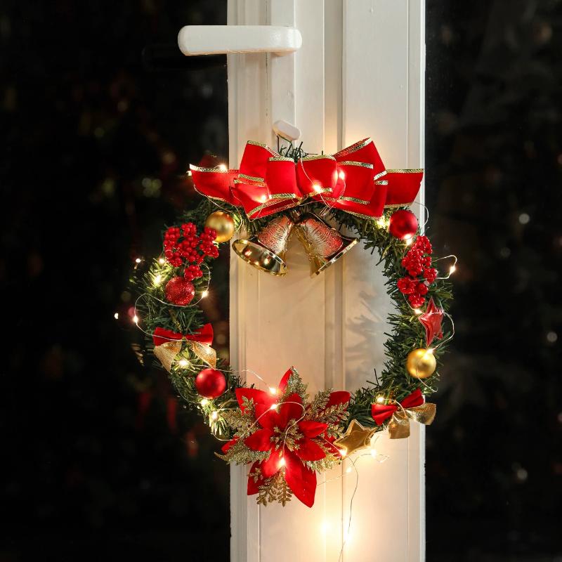 Christmas Wreath Front Door Hanging Ornaments Artificial Wreath Bell Gift Bow Stars For Christmas Tree Home Windows Decor