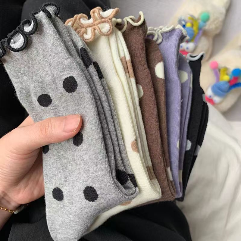 Fashion Versatile Dot Mid-Tube Socks, Simple Retro Fungus Edge Polka Dot College Style Stacking Socks