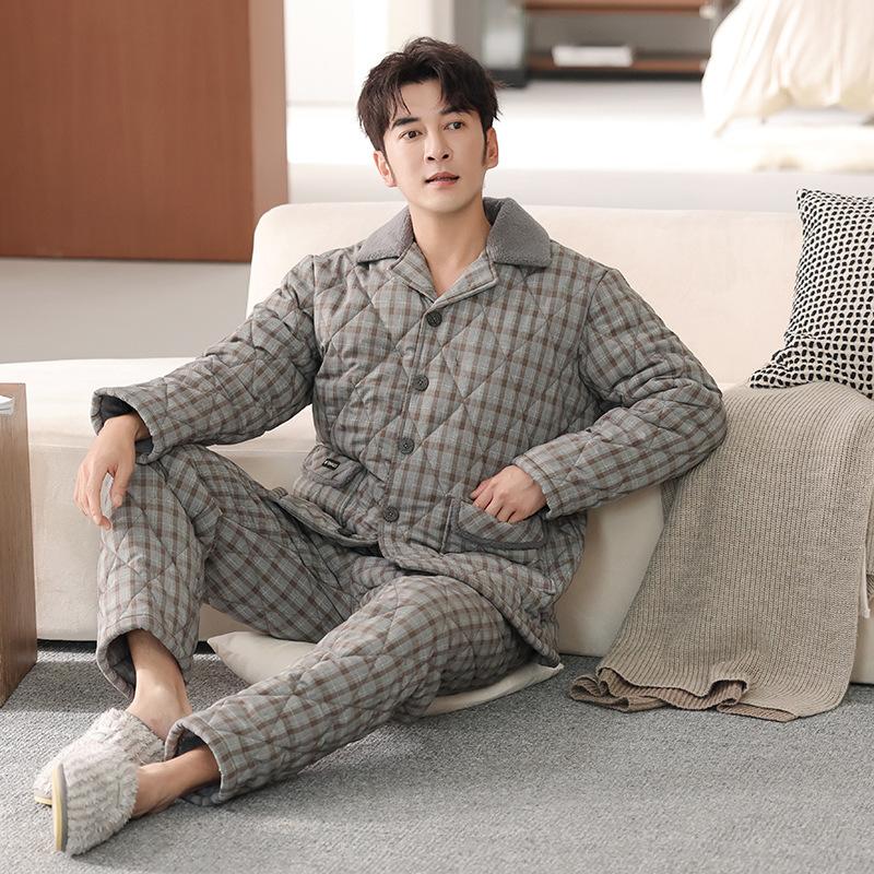 Men's three-layer padded pajamas winter thickened woven pure cotton warm padded jacket anti-static loungewear large size set