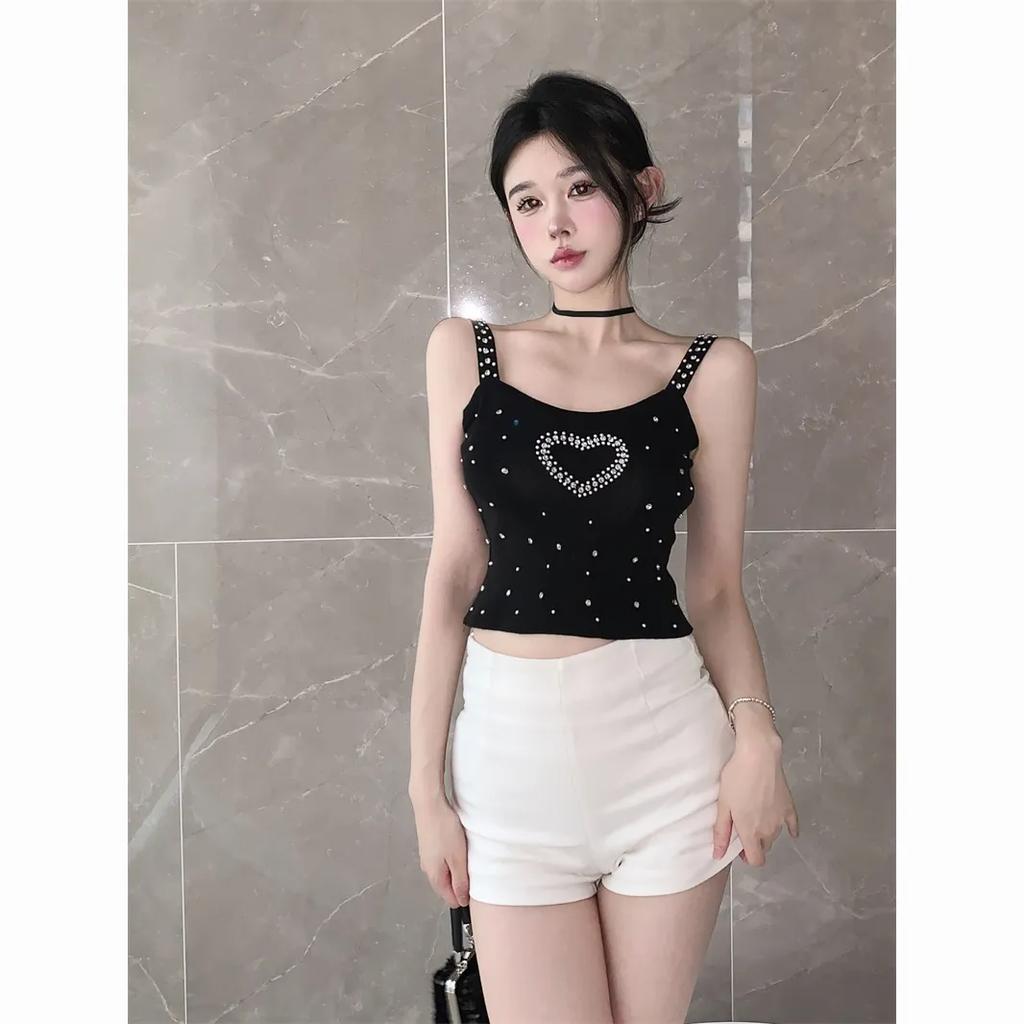 WTEMPO Girl's Solid Color Rhinestone Camisole Vests Women's Spring Summer Sleeveless Outerwear Short Tank Tops