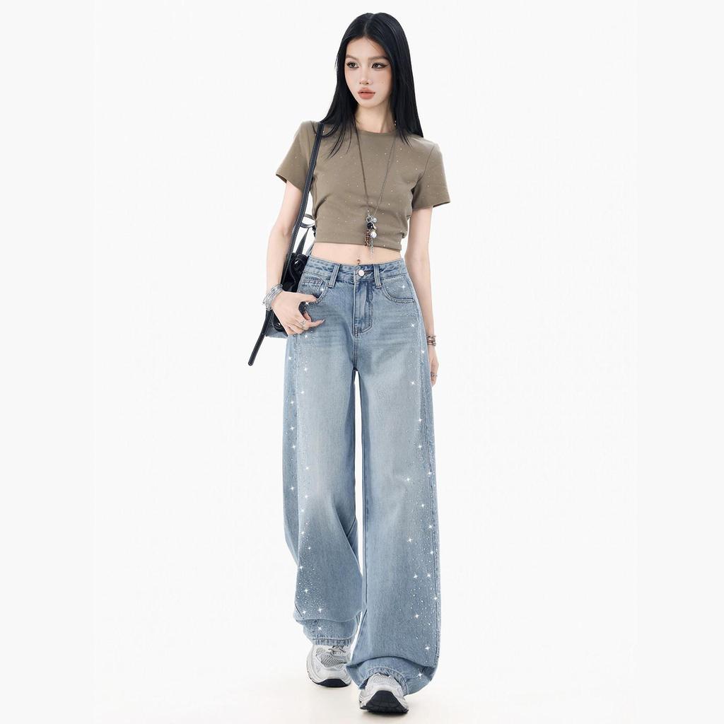 2026 Women's Rhinestone Wide-Leg Jeans: Loose, Slimming, High-End Floor-Length with Concealing Design for Spring/Autumn