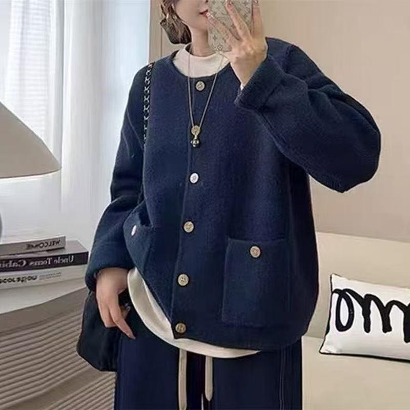 

Женский вязаный свитер-жакет с круглым вырезом, однотонный, весенне-осенний, в новом ленивом стиле, свободный, модный вязаный свитер-топ 3XL140-150 темно-синий