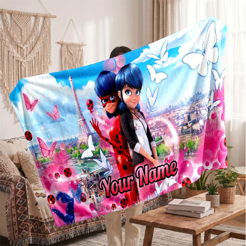 Miraculous Ladybug Personalized Flannel Blanket, Custom Printed Text Name, Warm Soft Blanket For Couch Bed