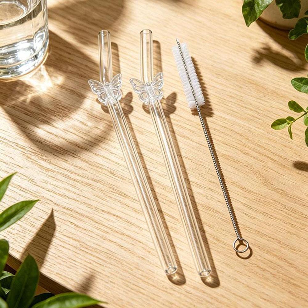 3Pcs Cute Butterfly Straw Reusable Glass Tube Durable Straws For Smoothie Cocktail Juice Smoothie Drinks