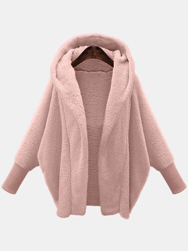 Winter Solid Long Sleeve Jackets 2026 Hooded Loose Plush Coats Large Cardigan Clothes For Women Female Bat Sleeve Clothing 23973