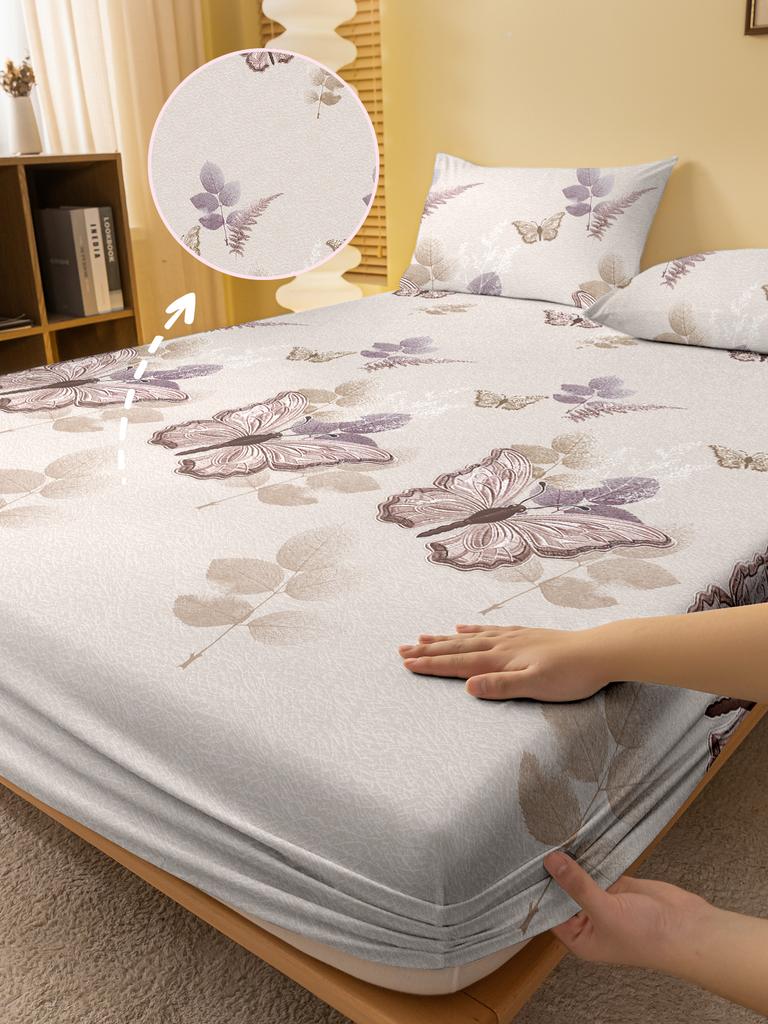 1Simple Modern Plant Flower Leaf Butterfly Printed Matte Fitted Sheet, Bedroom Printed Bed Cover, Bedding(Excluding Pillowcases)