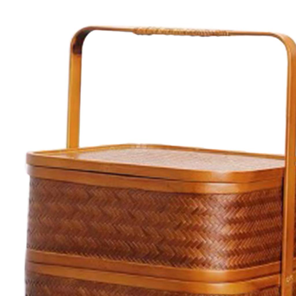 Antique Bamboo Lunch Box Square Double-layer Design Storage Pastries Camping