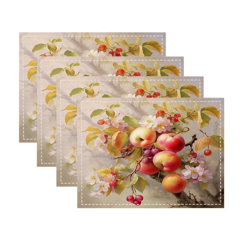 Linen Placemats – Digital Printed, Heat-Resistant, Classic Floral & Fruit Design, Ideal for Farmhouse Kitchen, Dining, Parties