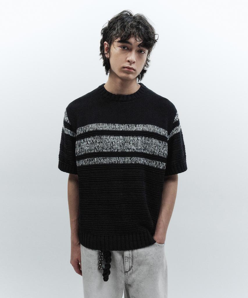 INSILENCE Striped Crew Neck Knit Black