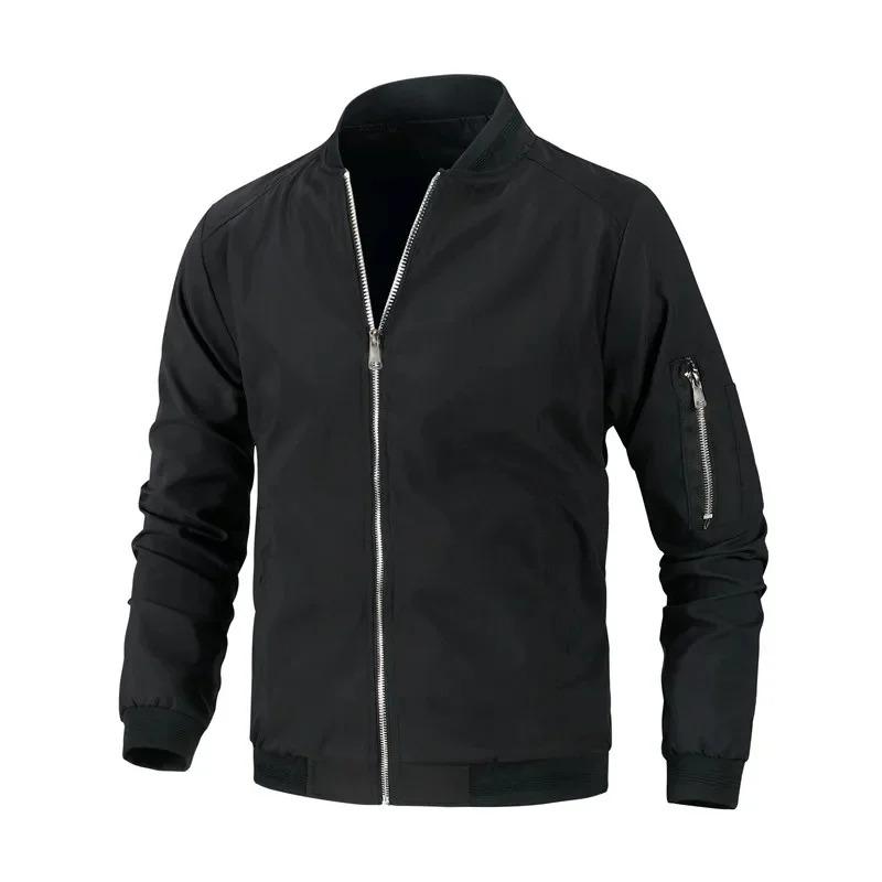 Urban Streetwear Wind-Resistant Bomber Jacket for Men - Durable Full-Zip Ribbed Cuffs & Hem with Sleeve Pocket Casual Outerwear in Solid Colors