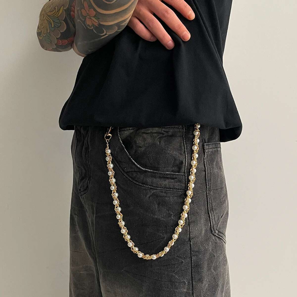 

Ingemark Punk Imitation Pearl Trousers Hipster Pant Jean Keychain Ring Clip for Men Tassel Bag Handbag Chain Women Jewelry Gift
