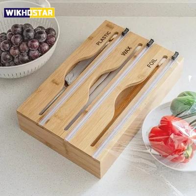 1pc Cling Film Cutter Minimalist Wall Mounted Wooden Kitchenware Multi Compartment Multi Layer Hidden Scratchers Two Way Cutter