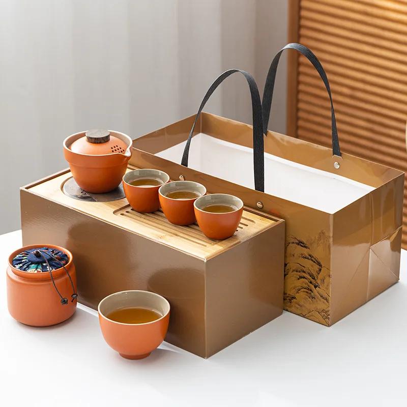 Travel tea set Kuaike cup, one pot, three cups, portable cover bowl, small set, outdoor kung fu set, tea advertising gifts