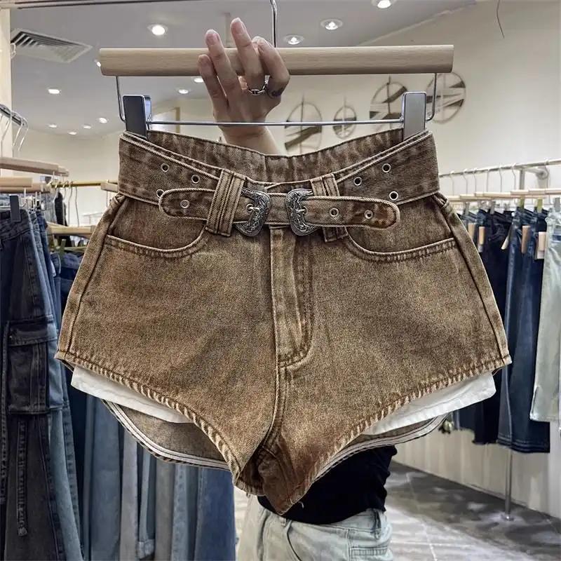 Women's Brown Washed Denim High Waist Shorts Casual Hot Pants with Double Le Belt
