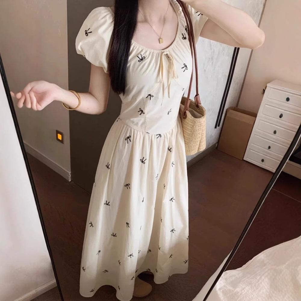 

Французское летнее платье с пышными рукавами и цветочным принтом - Женское длинное платье высокого класса 2025 XL Premium грязно-белый