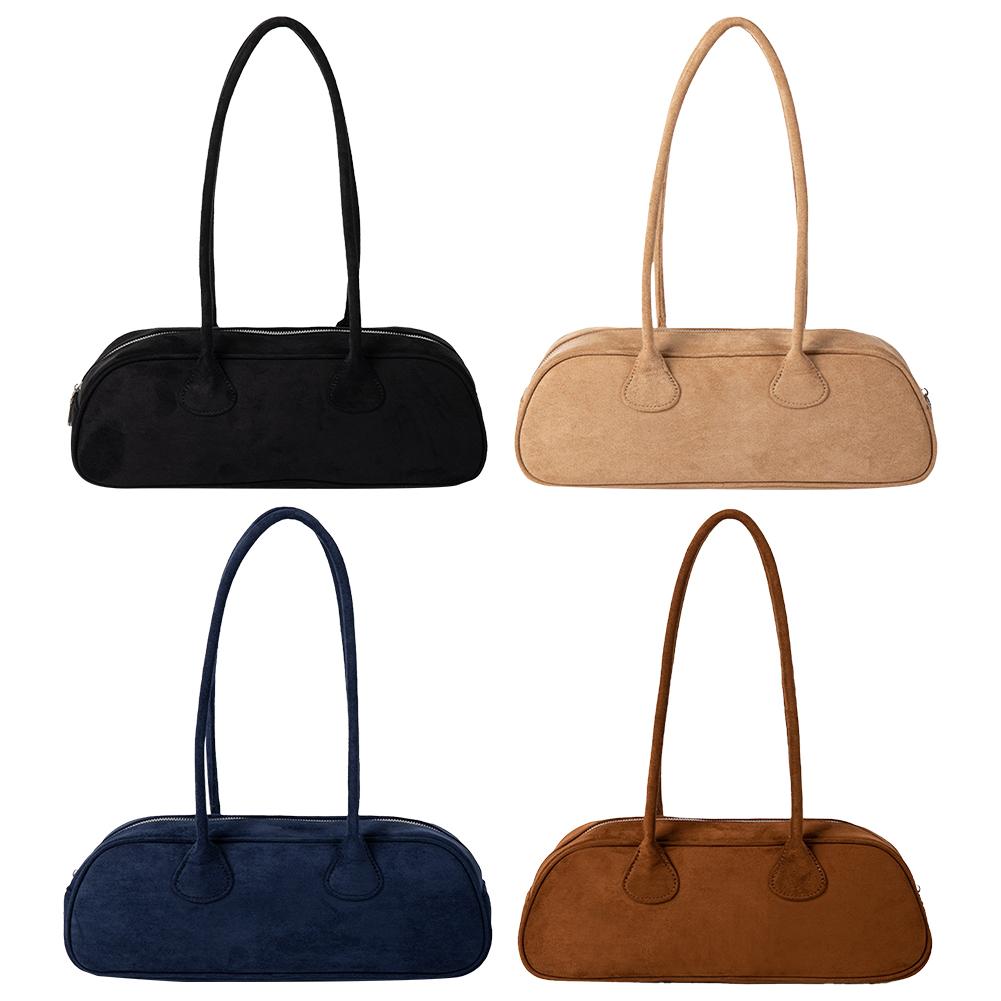 Women Suede Boston Tote Bag Suede Shoulder Bag Zipper Bowling Handbag Solid Color Multi-pocket Clutch Purse for Shopping Travel
