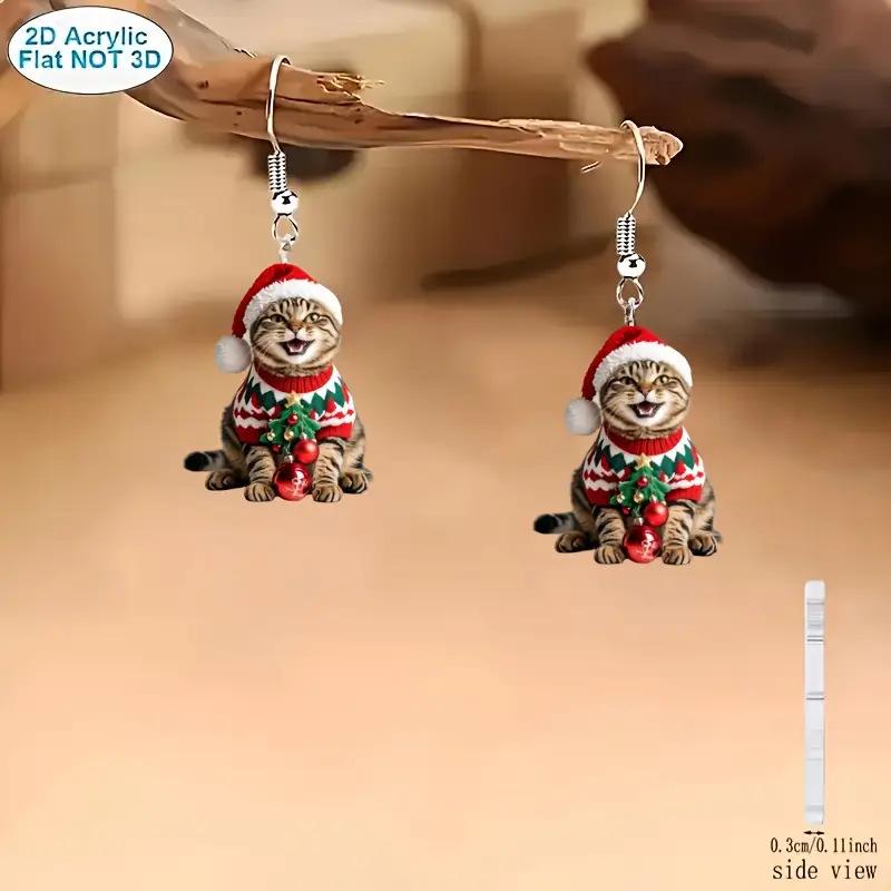 Christmas Kitten Earrings: Acrylic Cartoon Pet Lover Jewelry