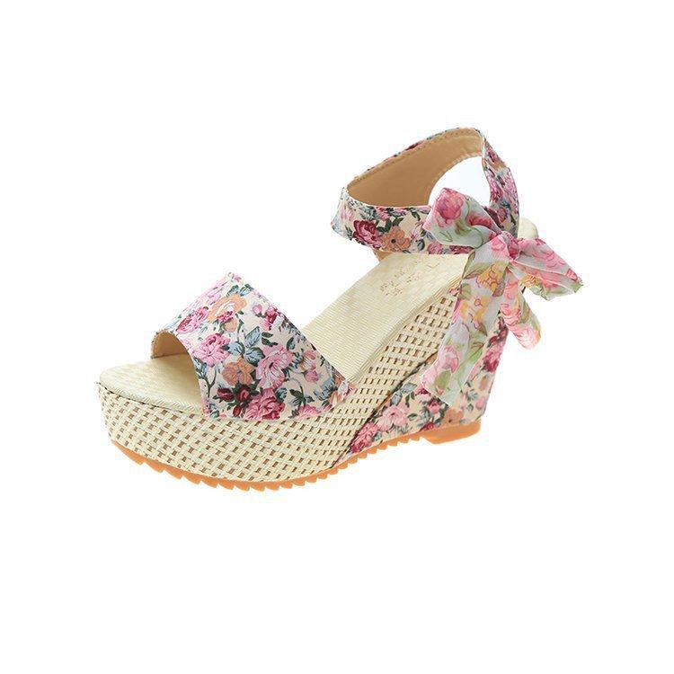 

Wedge heel sandals women s 2021 new small flower cloth vacation travel beach shoes fish mouth thick sole color matching light muffin shoes 40 рожевий