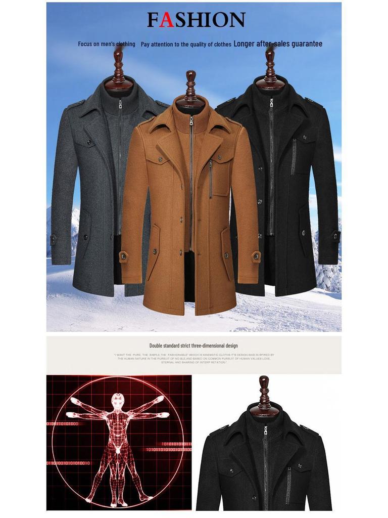 Men's Woolen Double Collar Business Overcoat - Autumn/Winter Style