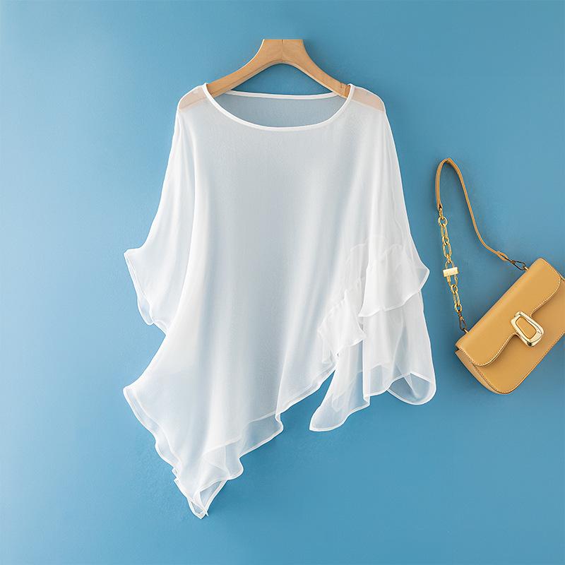 

Bohemian Silk Asymmetrical Cape: Women s Round Neck Summer Cover-up with Sun Protection. One Size білий