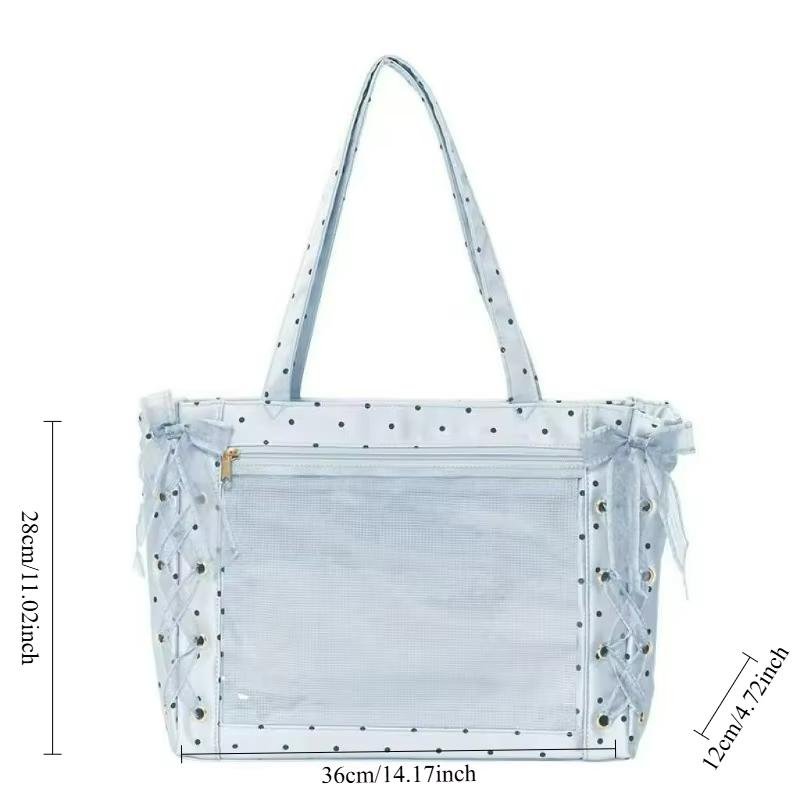 Cute Polka Dot Canvas Tote Bag Women Large Capacity Shoulder Bag With Lace Bow Ribbon Decor Casual School Use Commuter Tote Bag