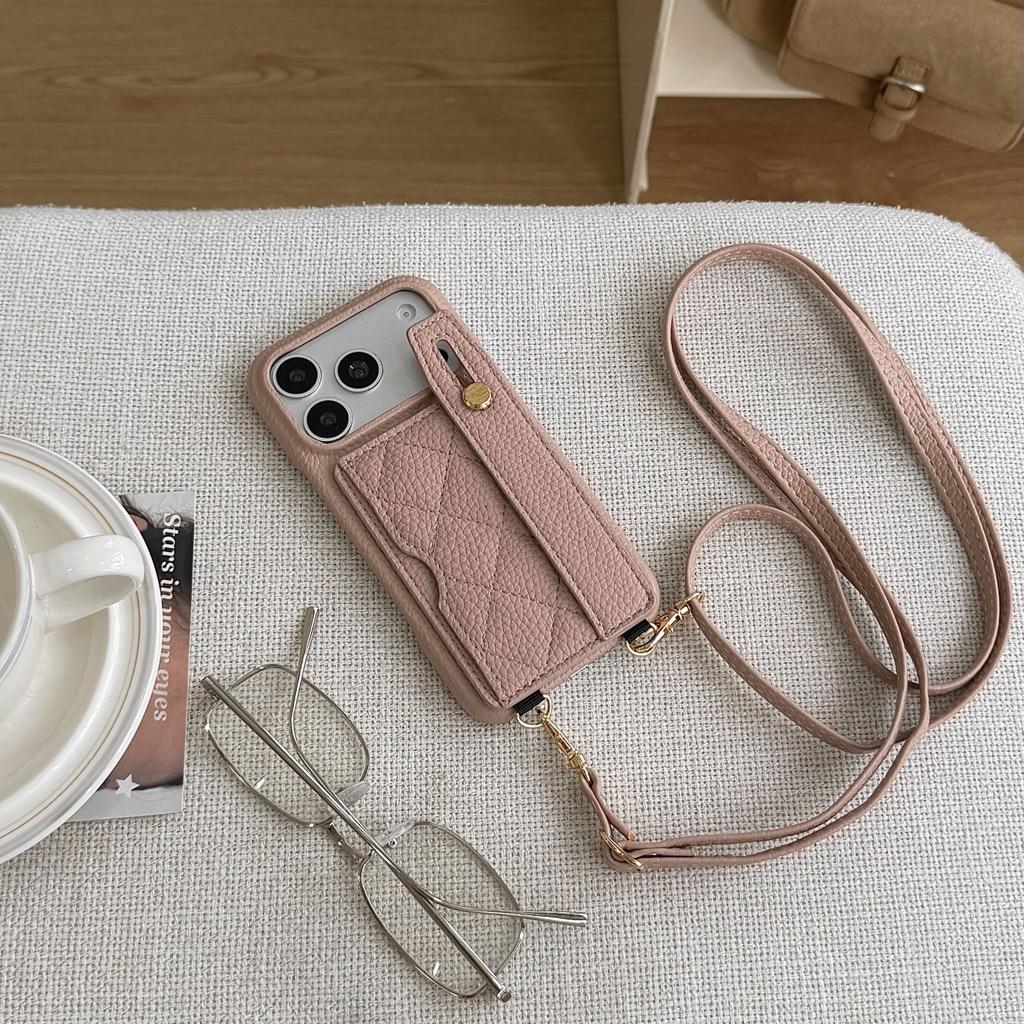 Crossbody Long Lanyard Quilted Leather Wristletband Cards Solt Phone Case for iPhone 17 Pro Max 16 15 14 13 12 Shockproof Cover
